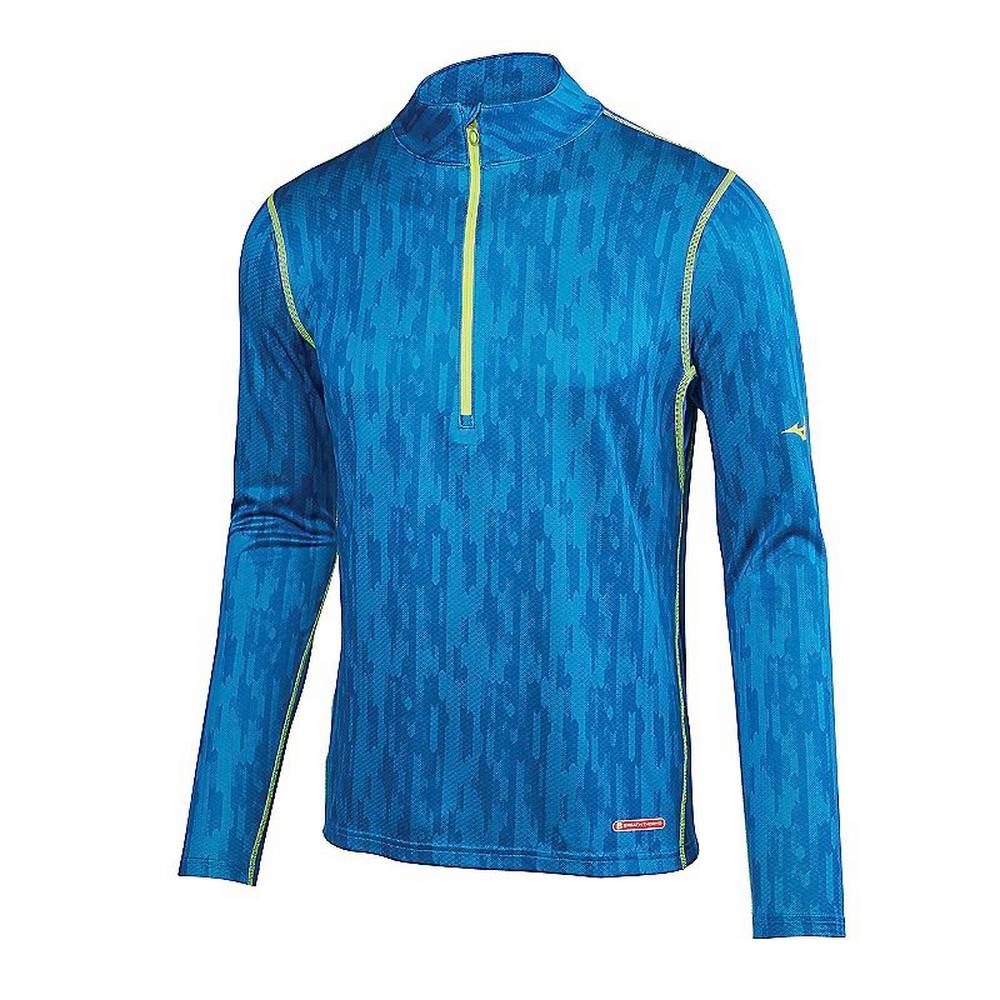 Mizuno Breath Thermo Half Zip - Erkek Base Layer - Mavi/Sarı Türkiye (OXTYHZ-736)